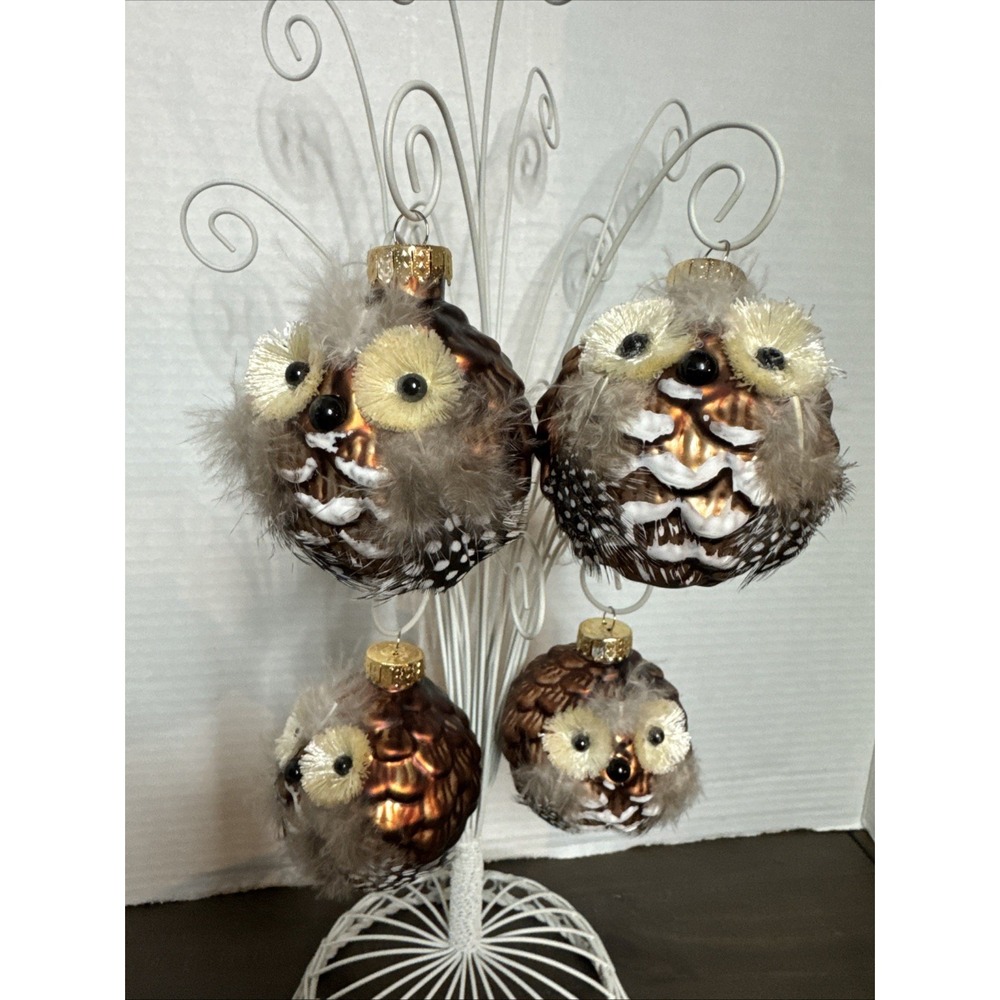 G & B Owl Glass Christmas Ornament With Feathers 3D  set Of 4 ORN102